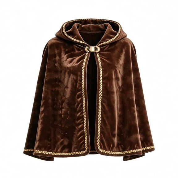 1-Piece Hooded Velvet Cape with Gold Trim for Women, Halloween Short Cloak with Front Closure — Medieval Renaissance Costume Accessory Brown One Size