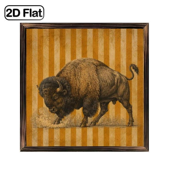 1 Piece of Indoor Art Decoration, Framed Wooden Board Painting, 8*8inch, High Definition Printing Vintage American Bison Buffalo with Striped Background Pattern, Can Be Used as an Art Ornament