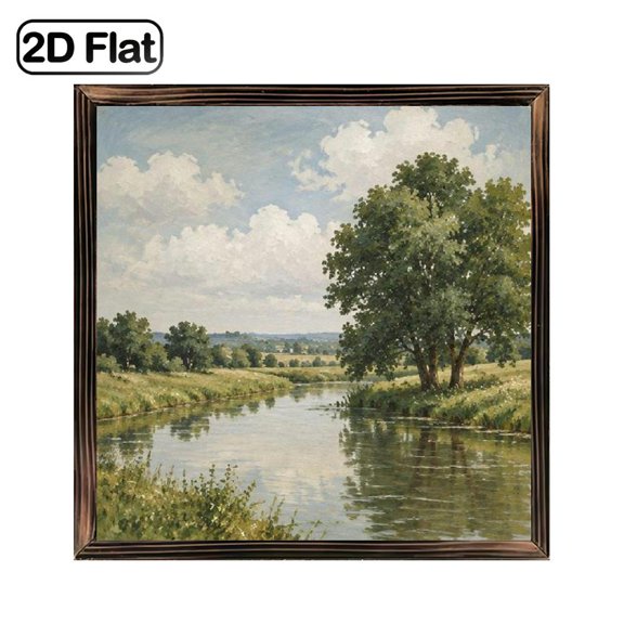 1 Piece of Indoor Art Decoration, Framed Wooden Board Painting, 8*8inch, High Definition Printing Vintage River Green Trees and Cloudy Sky Oil Painting Landscape Pattern