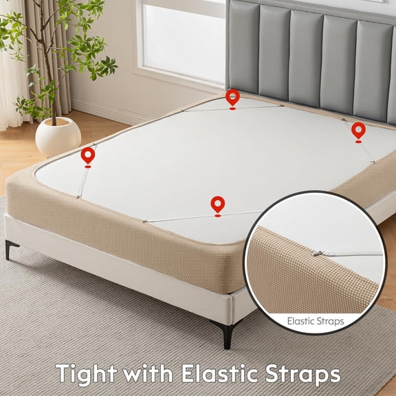 1 Piece Jacquard Box Spring Cover, Stretch Wrap Around Bed Skirt with 4 Elastic Straps, Wrinkle and Fading Resistant, Machine Washable, Size, Cream