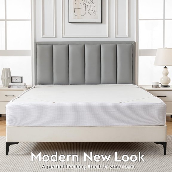 1 Piece Jacquard Box Spring Cover, Stretchy Wrap Around Bed Skirt with 4 Elastic Straps, Fits 4-9 Inch Height, Machine Washable, White