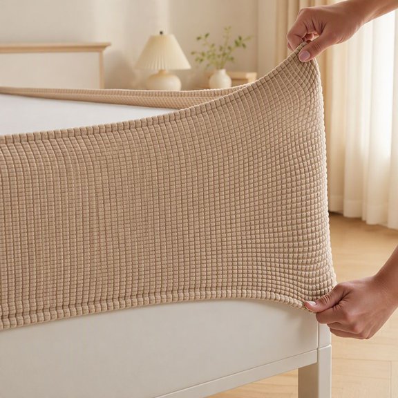 1-Piece Jacquard Box Spring Cover, Stretchy Wrap-Around Bed Skirt with 4 Elastic Straps, Wrinkle Resistant, Machine Washable, Cream
