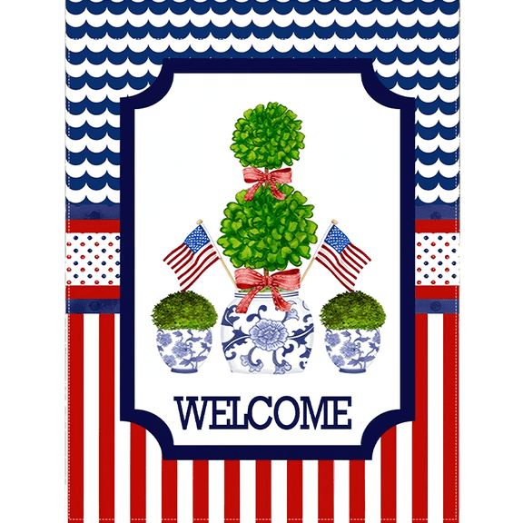 1 Piece July 4 Garden Banner-Double-Sided Linen Outdoor Banner, Blue and White Porcelain Boat Anchor Printing, American Flag with Welcome Design, 12X18 Inches Weather-Resistant Yard Decoration