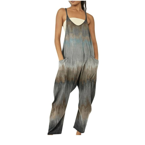 1 Piece Jumpsuit Outfits for Women,Summer Cotton Linen Bib Overalls Women Baggy Sleeveless Wide Leg Jumpsuits with Pockets