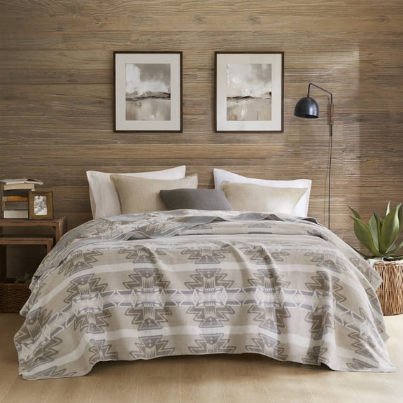 1-Piece King Cotton Blend Blanket, Neutral Aztec