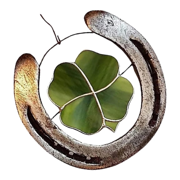 1 Piece Lucky Horseshoe 4 Leaf Clover Decor Metal Wall Art St Patricks Day Hanging Decor Rustic Farmhouse Wall Decor Stained Glass Suncatcher Indoor Outdoor Home Garden Patio