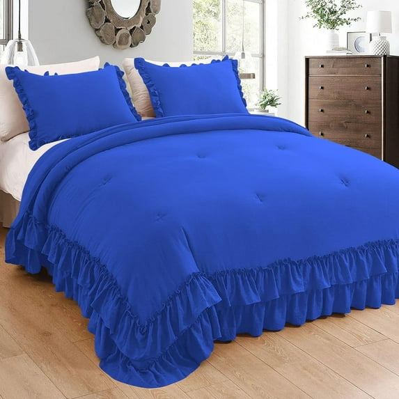 1 Piece Luxury 5 Inch Two Layer Ruffle Comforter 550 GSM All Season (Full/Queen Size) Premium Super Soft - 800 TC, 100% Egyptian Cotton- Solid Royal Blue Colour