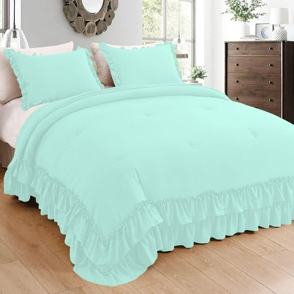 1 Piece Luxury 5 Inch Two Layer Ruffle Comforter 550 GSM All Season (King/Cal King Size) Premium Super Soft - 800 TC, 100% Egyptian Cotton- Solid Auqa Blue Colour