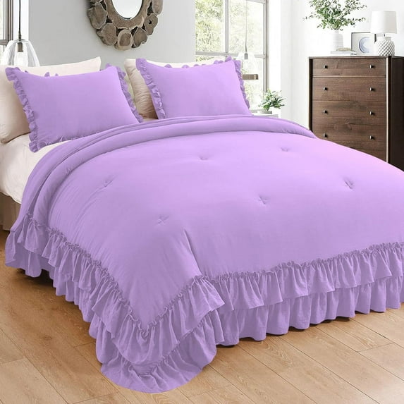 1 Piece Luxury 5 Inch Two Layer Ruffle Comforter 550 GSM All Season (Oversized King Size) Premium Super Soft - 800 TC, 100% Egyptian Cotton- Solid Lilac Colour