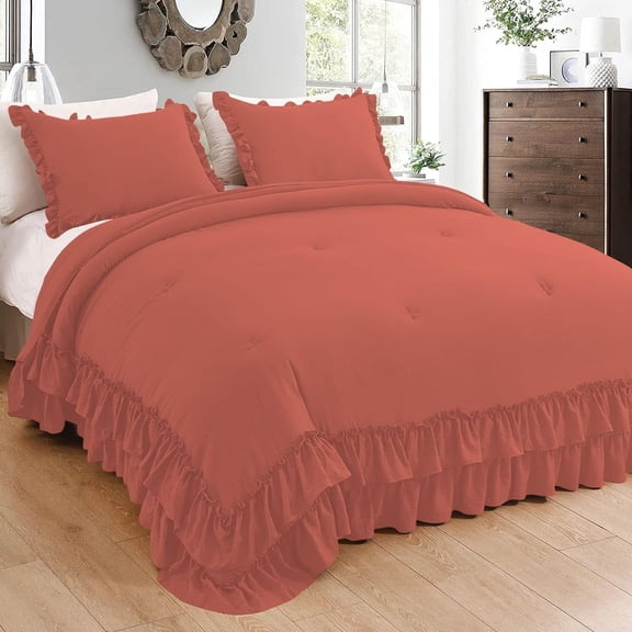 1 Piece Luxury 5 Inch Two Layer Ruffle Comforter 550 GSM All Season (Oversized Queen Size) Premium Super Soft - 800 TC, 100% Egyptian Cotton- Solid Brick Red Colour