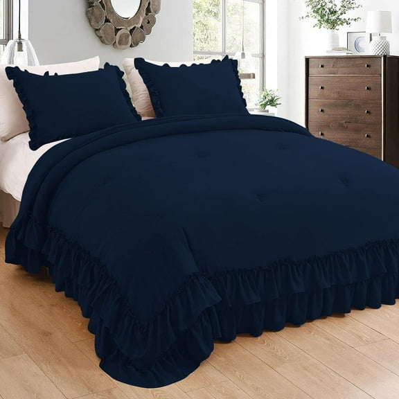 1 Piece Luxury 5 Inch Two Layer Ruffle Comforter 550 GSM All Season (Oversized Queen Size) Premium Super Soft - 800 TC, 100% Egyptian Cotton- Solid Navy Blue Colour