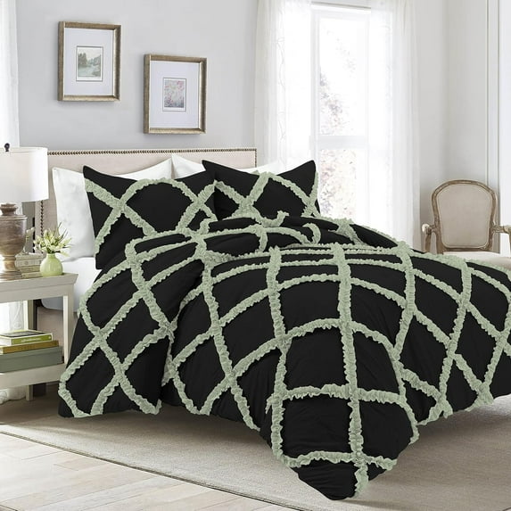 1 Piece Luxury Two Tone Diamond Ruffle Pattern Comforter Super Soft All Season 800 Thread Count, 100% Egyptian Cotton, Full/Queen Size Light Sage/Black Solid Color