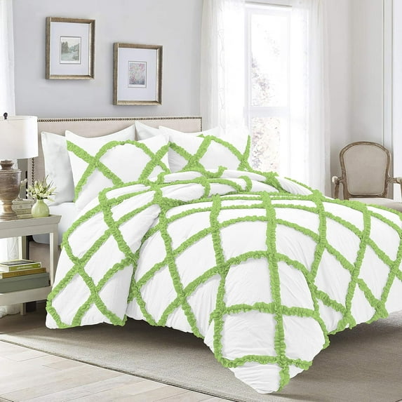 1 Piece Luxury Two Tone Diamond Ruffle Pattern Comforter Super Soft, All Season 800 Thread Count 100% Egyptian Cotton Full/Queen Size Sage/White Solid Color