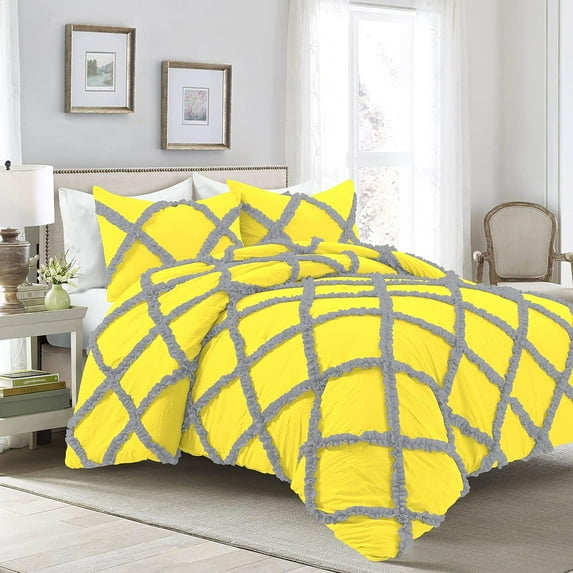 1 Piece Luxury Two Tone Diamond Ruffle Pattern Comforter Super Soft, All Season 800 Thread Count, 100% Egyptian Cotton, Full/Queen Size Yellow-Silver Color