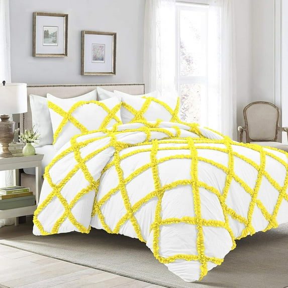 1 Piece Luxury Two Tone Diamond Ruffle Pattern Comforter Super Soft, All Season 800 Thread Count 100% Egyptian Cotton Full/Queen Size Yellow/White Solid Color