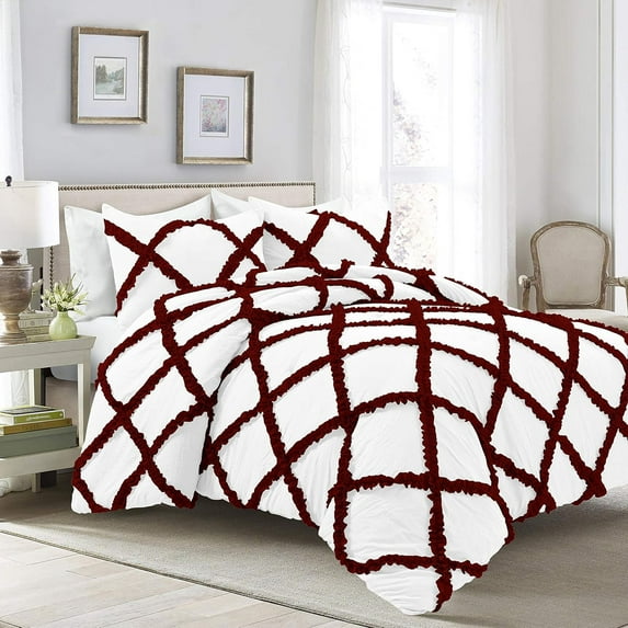 1 Piece Luxury Two Tone Diamond Ruffle Pattern Comforter Super Soft, All Season 800 Thread Count 100% Egyptian Cotton King/California King Size Burgundy/White Solid Color