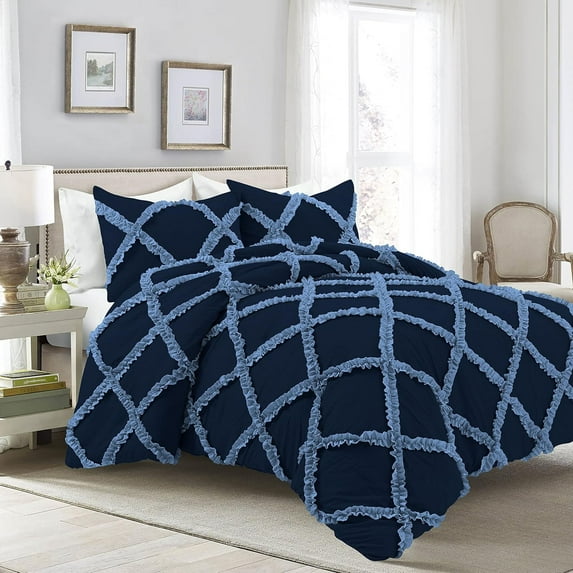 1 Piece Luxury Two Tone Diamond Ruffle Pattern Comforter Super Soft, All Season 800 Thread Count, 100% Egyptian Cotton, King/California King Size Medium Blue-Navy Color