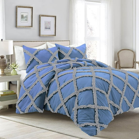 1 Piece Luxury Two Tone Diamond Ruffle Pattern Comforter Super Soft, All Season 800 Thread Count, 100% Egyptian Cotton, King/California King Size Medium Blue-Silver Color
