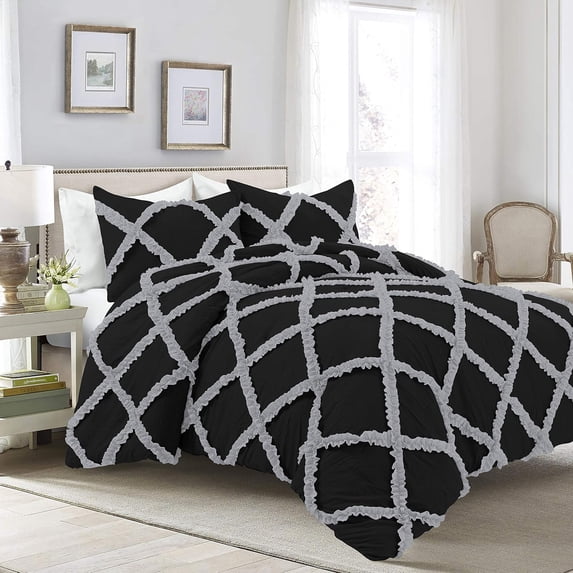 1 Piece Luxury Two Tone Diamond Ruffle Pattern Comforter Super Soft All Season 800 Thread Count, 100% Egyptian Cotton, Oversized Super King Size Silver/Black Solid Color