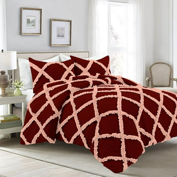 1 Piece Luxury Two Tone Diamond Ruffle Pattern Comforter Super Soft, All Season 800 Thread Count, 100% Egyptian Cotton, Super King Size Burgundy-Peach Color