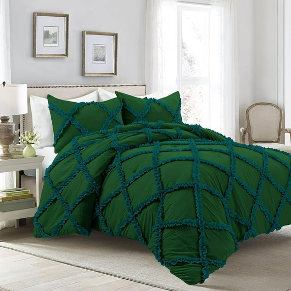 1 Piece Luxury Two Tone Diamond Ruffle Pattern Comforter Super Soft, All Season 800 Thread Count, 100% Egyptian Cotton, Super King Size Green-Teal Color