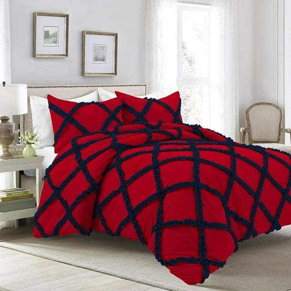 1 Piece Luxury Two Tone Diamond Ruffle Pattern Comforter Super Soft, All Season 800 Thread Count, 100% Egyptian Cotton, Super King Size Red-Navy Color
