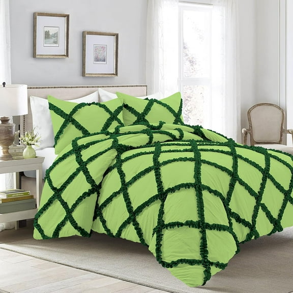 1 Piece Luxury Two Tone Diamond Ruffle Pattern Comforter Super Soft, All Season 800 Thread Count, 100% Egyptian Cotton, Super King Size Sage-Green Color