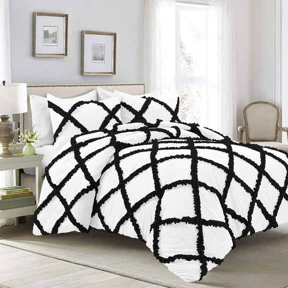 1 Piece Luxury Two Tone Diamond Ruffle Pattern Comforter Super Soft, All Season 800 Thread Count 100% Egyptian Cotton Twin/Twin XL Size Black/White Solid Color