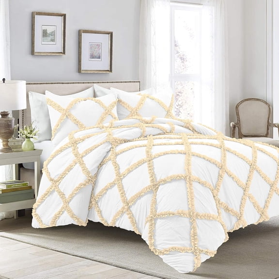 1 Piece Luxury Two Tone Diamond Ruffle Pattern Comforter Super Soft, All Season 800 Thread Count 100% Egyptian Cotton Twin/Twin XL Size Ivory/White Solid Color