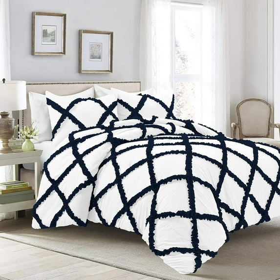 1 Piece Luxury Two Tone Diamond Ruffle Pattern Comforter Super Soft, All Season 800 Thread Count 100% Egyptian Cotton Twin/Twin XL Size Navy Blue/White Solid Color