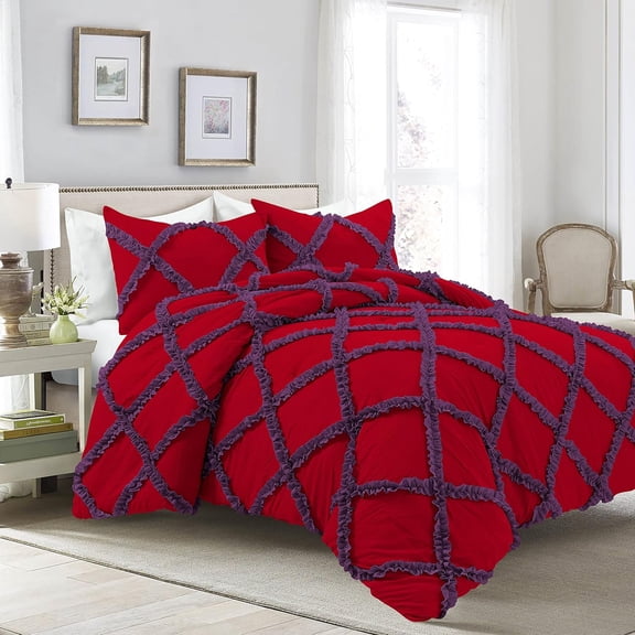 1 Piece Luxury Two Tone Diamond Ruffle Pattern Comforter Super Soft, All Season 800 Thread Count, 100% Egyptian Cotton, Twin/Twin XL Size Plum/Red Solid Color