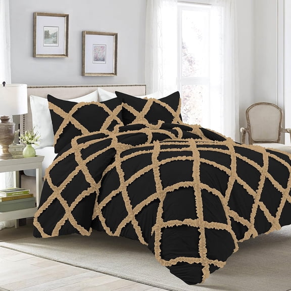 1 Piece Luxury Two Tone Diamond Ruffle Pattern Comforter Super Soft All Season 800 Thread Count, 100% Egyptian Cotton, Twin/Twin XL Size Taupe/Black Solid Color