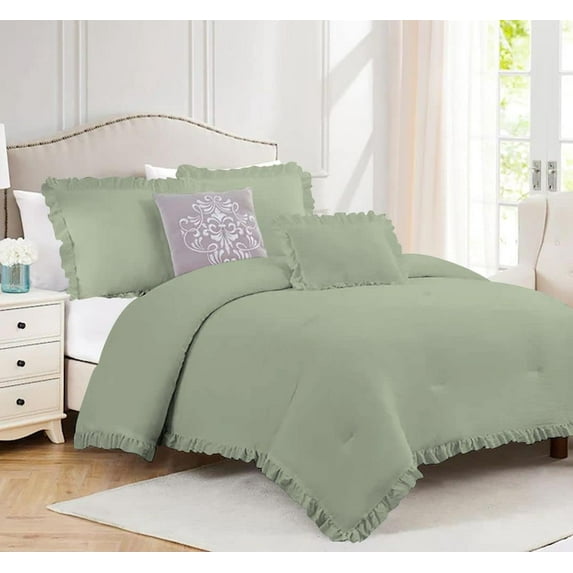 1 Piece Luxury Vintage Ruffle Pattern Comforter By D.N.G. BEDDINGS Premium Super Soft, All Season, 800 Thread Count 100% Egyptian Cotton King/California King Size Light Sage Color
