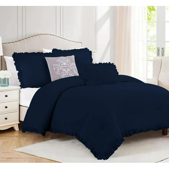 1 Piece Luxury Vintage Ruffle Pattern Comforter By D.N.G. BEDDINGS Premium Super Soft, All Season, 800 Thread Count 100% Egyptian Cotton Oversized Super King Size Navy Color