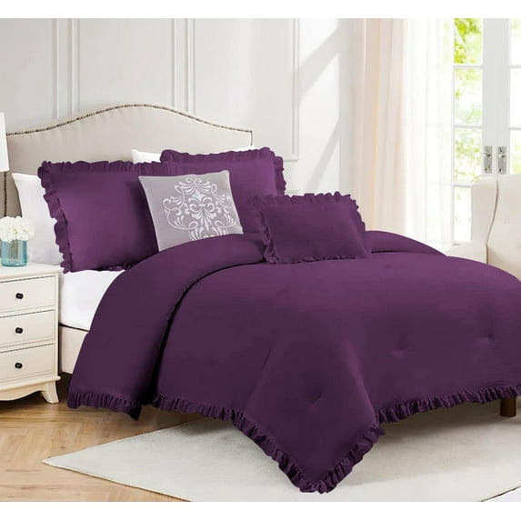 1 Piece Luxury Vintage Ruffle Pattern Comforter By D.N.G. BEDDINGS Premium Super Soft, All Season, 800 Thread Count 100% Egyptian Cotton Oversized Super King Size Plum Color