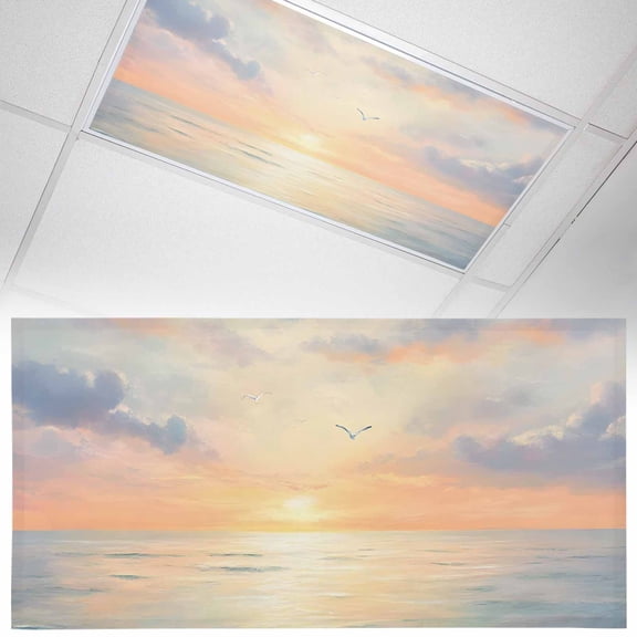 1 Piece Magnetic Fluorescent Light Covers, 2x4 Ft,Colorful Sunset Ocean Seagull Blue Cloudy Sky Nature Magnetic Light Covers for Ceiling Lights Classroom Office Home Decor