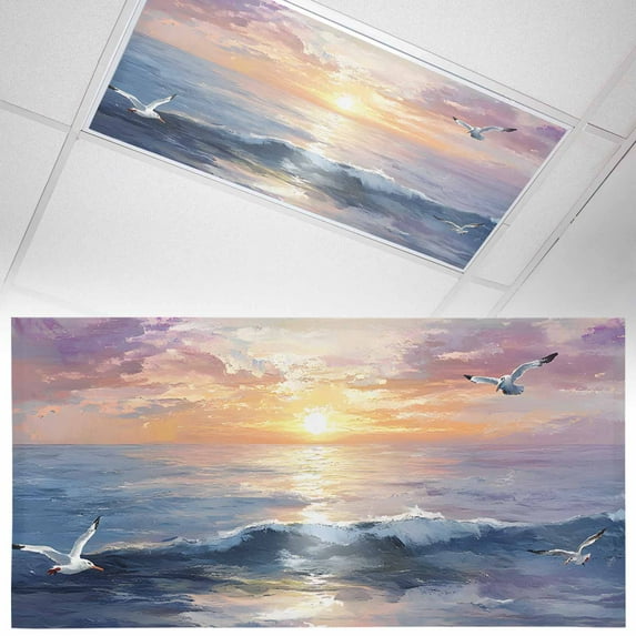 1 Piece Magnetic Fluorescent Light Covers, 2x4 Ft,Colorful Sunset Ocean Seagull Cloudy Sky Oil Painting Magnetic Light Covers for Ceiling Lights Classroom Office Home Decor