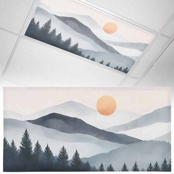 1 Piece Magnetic Fluorescent Light Covers, 2x4 Ft,Forest Mountain Sun Landscape Watercolor Retro Magnetic Light Covers for Ceiling Lights Classroom Office Home Decor