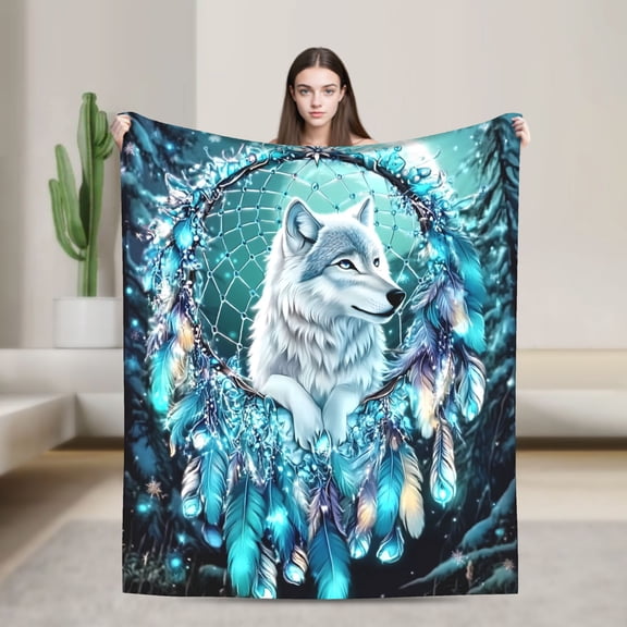 1 Piece Majestic White Wolf Throw Blanket - Soft Flannel Camping Blanket, Light Gray Friendly and Machine Washable Cozy Indoor/Outdoor Decor Modern Design