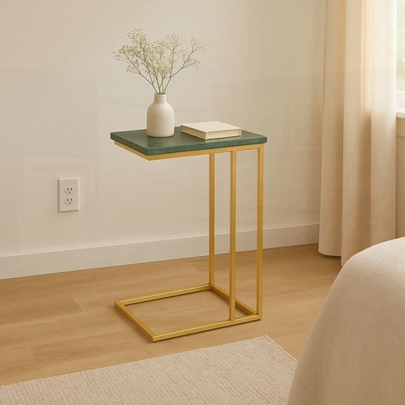 1 Piece Marble "C" Table for Living Room - 24 Inch Height Metal Frame & Green Top