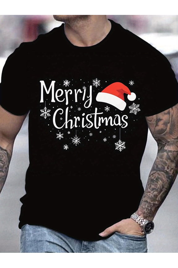 1 Piece Men's Christmas T-Shirt - Black with White "Merry Christmas" Text and Red Santa Hat Pattern - Stretch Polyester Round Neck Short Sleeve Shirt - Regular Fit Holiday Party Top - Machine Washabl