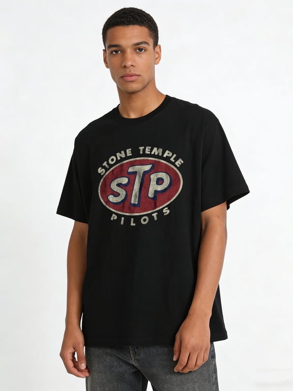 1 Piece Men's Retro STP Stone Temple Pilots Pattern T-Shirt - Casual Breathable Cotton, Short Sleeve, Loose Fit, Retro Band Logo Design, Perfect Gift for Music Fans, Rock T-Shirt