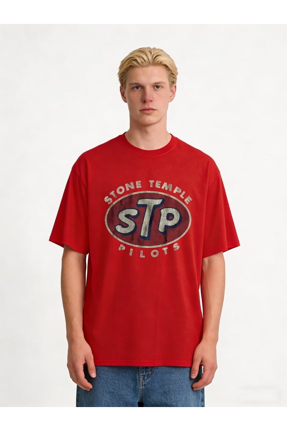1 Piece Men's Retro STP Stone Temple Pilots Pattern T-Shirt - Casual Breathable Cotton, Short Sleeve, Loose Fit, Retro Band Logo Design, Perfect Gift for Music Fans, Rock T-Shirt