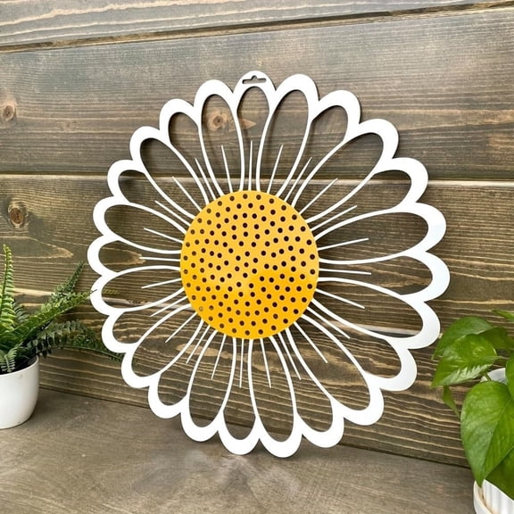 1 Piece Metal Daisy Wall Art, 2D Floral Iron Yellow White 11.81in for Garden Decor Patio Decor Spring Porch Outdoor Home Living Room Bedroom