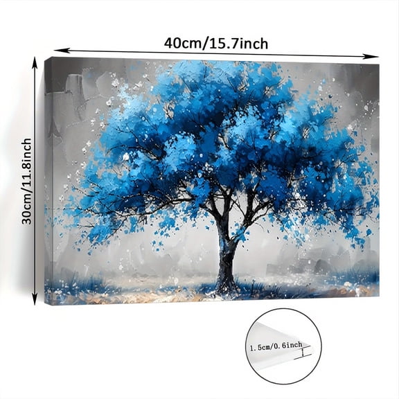 1 Piece Modern Country Style Blue Tree Painting - 30x 40cm (11.8x 15.7inch ) Vibrant Blue and Gray Tone Canvas Frame Wall Art, Suitable for Living Room, Bedroom, Office Decoration