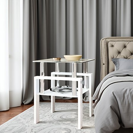 1-Piece Modern Tempered Glass Tea Table Coffee Table End Table, Square Table for Living Room, Transparent/White