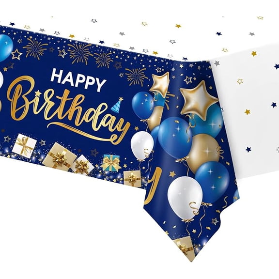 1 Piece Navy Blue and Gold Birthday Tablecloth 54 x 108 Inches Disposable Plastic Rectangle Table Cover