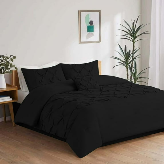 1 Piece New Half Pinch Pleated Pattern Comforter, 800 TC, 100% Egyptian Cotton, King/California King Size Black Solid