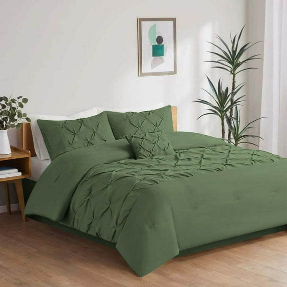 1 Piece New Half Pinch Pleated Pattern Comforter, 800 TC, 100% Egyptian Cotton, King/California King Size Moss Solid