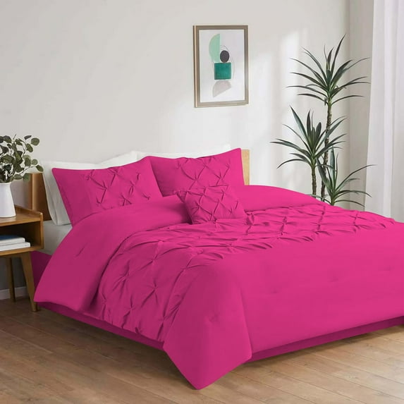 1 Piece New Half Pinch Pleated Pattern Comforter, 800 TC, 100% Egyptian Cotton, Super King Size Hot Pink Solid